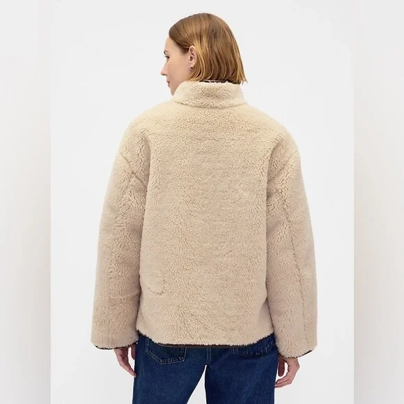 NWT Gap Cream Sherpa & Faux Brown Leather Oversized Jacket Coat Size L Vegan - Picture 2 of 16